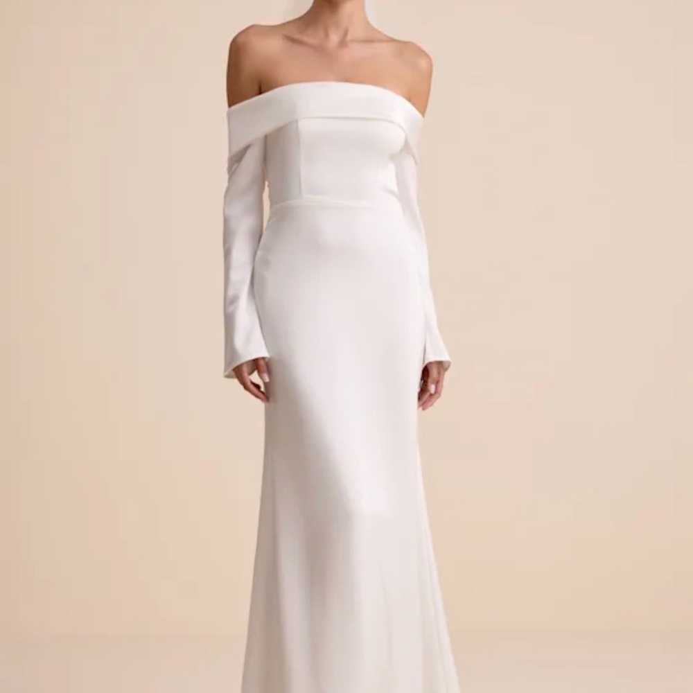 Saintclair White Satin Off-the-Shoulder Long Sleeve Maxi Dress